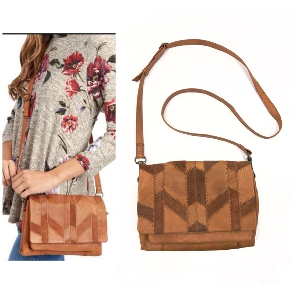 Lucky Brand Axil Leather Large Crossbody Purse Patchwork Bag Cognac Brown Boho - Picture 1 of 14